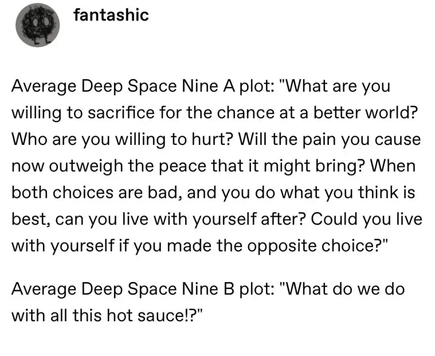 screenshot of a tumblr post I think?

Average Deep Space Nine A plot: "What are you willing to sacrifice for the chance at a better world?
Who are you willing to hurt? Will the pain you cause now outweigh the peace that it might bring? When both choices are bad, and you do what you think is best, can you live with yourself after? Could you live with yourself if you made the opposite choice?"
Average Deep Space Nine B plot: "What do we do with all this hot sauce!?"